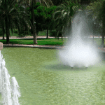 Water fountain with a spray cloud nozzle.