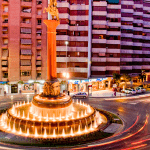 Panoramic view of a fountain with submersible incandescent spotlights