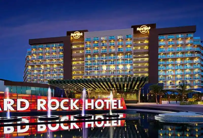 Spectacular architectural fountain illuminated at night at the Hard Rock in Cancun