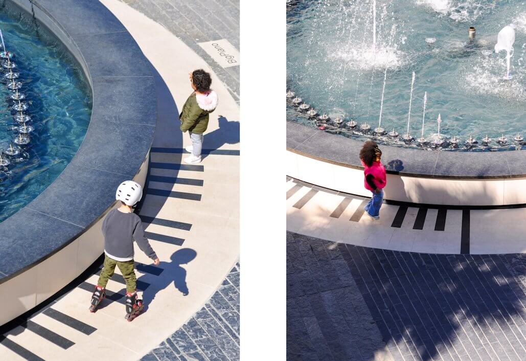 an interactive fountain where music, light and water come to life.
