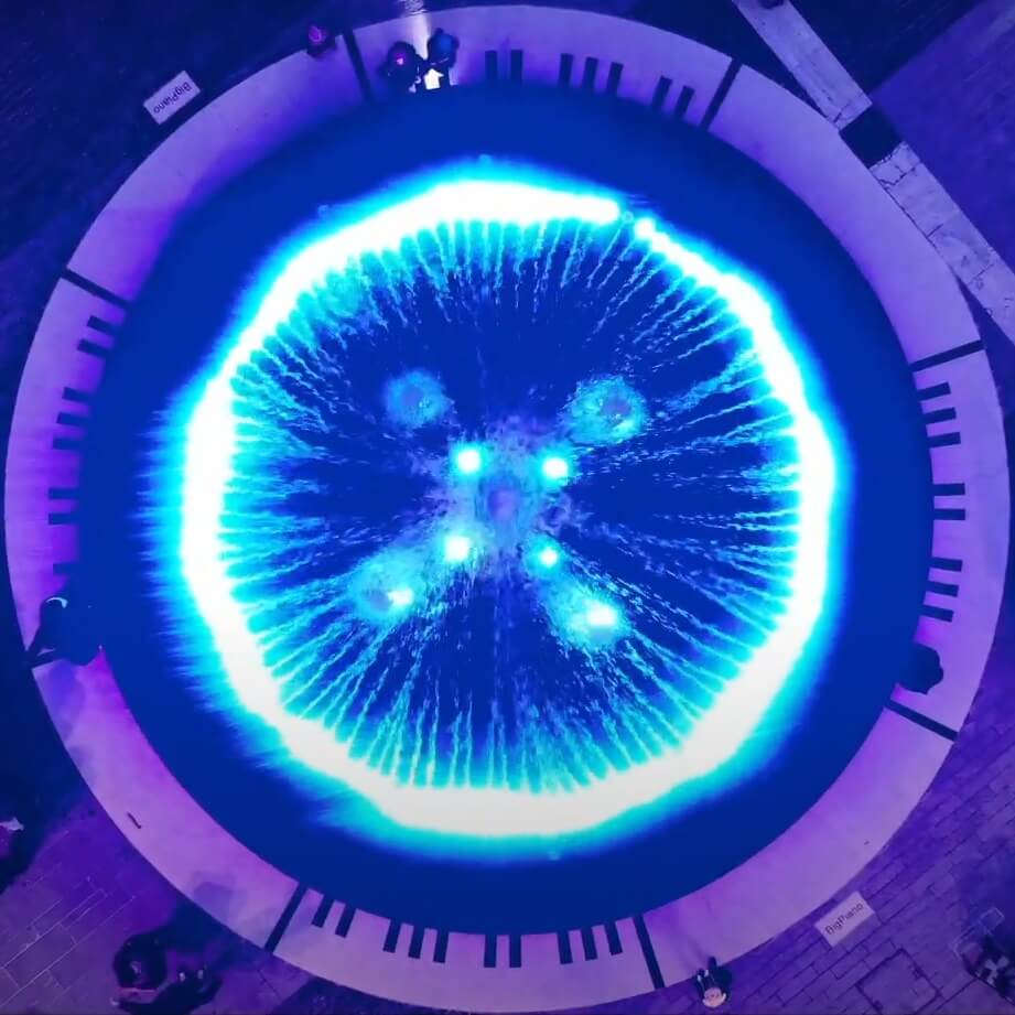 Interactive fountain with music, light and water in perfect harmony.