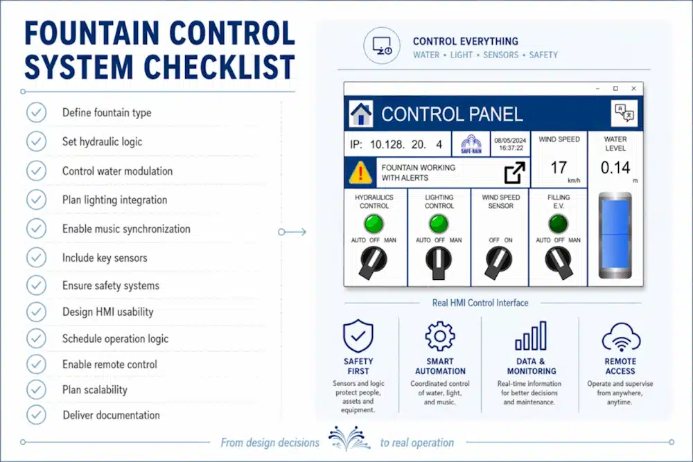 Checklist de verificación para revisar el sistema de control de una fuente ornamental en la fase de diseño Puntos que debemos revisar en el sistema de control de una fuente ornamental durantela fase de diseño