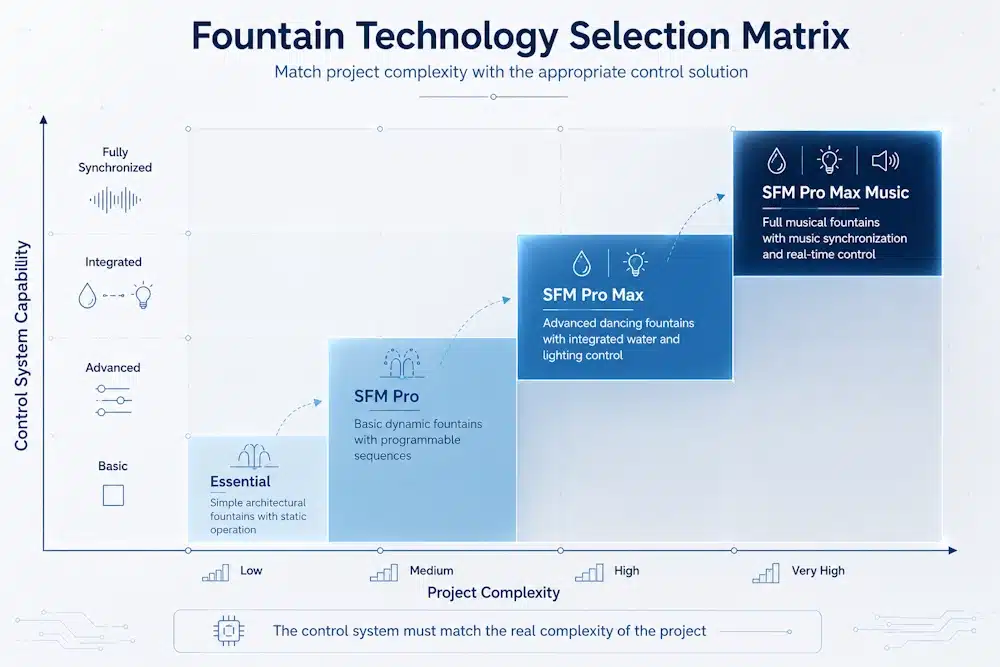 Matrice de sélection pour aider à choisir la technologie de commande appropriée pour votre fontaine dansante. Matrice de sélection pour aider à choisir la technologie de commande appropriée pour votre fontaine dansante.