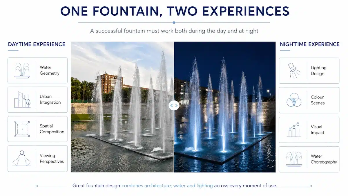 Utilisation d'un rideau d’eau programmable de 4 m sur la place Rotzly (Prague) en tant qu'élément décoratif et urbain. Utilisation d'un rideau d’eau programmable de 4 m sur la place Rotzly (Prague) en tant qu'élément décoratif et urbain.