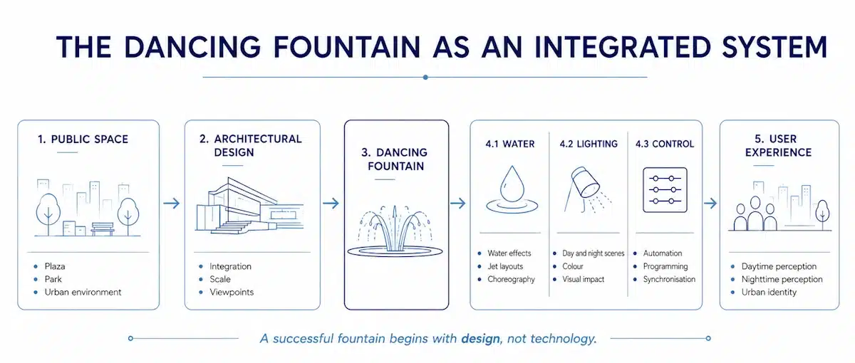 La fontaine dansante doit être abordée comme un système intégré, de la conception au contrôle des différents éléments pour impacter l'expérience utilisateur La fontaine dansante doit être abordée comme un système intégré.