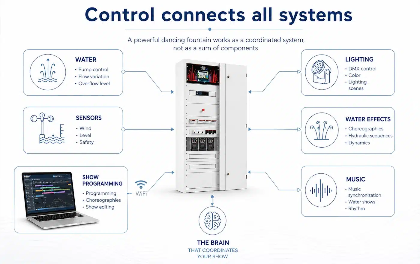 La technologie de contrôle est le cerveau d'une fontaine dansante et connecte tous les composants Le panneau de commande connecte tous les composants d'une fontaine dansante.