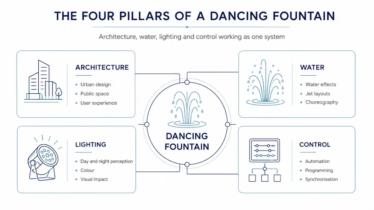 Les 4 éléments principaux d'une fontaine dansante : architecture, eau, éclairage et contrôle. Les 4 éléments principaux d'une fontaine dansante : architecture, eau, éclairage et contrôle.
