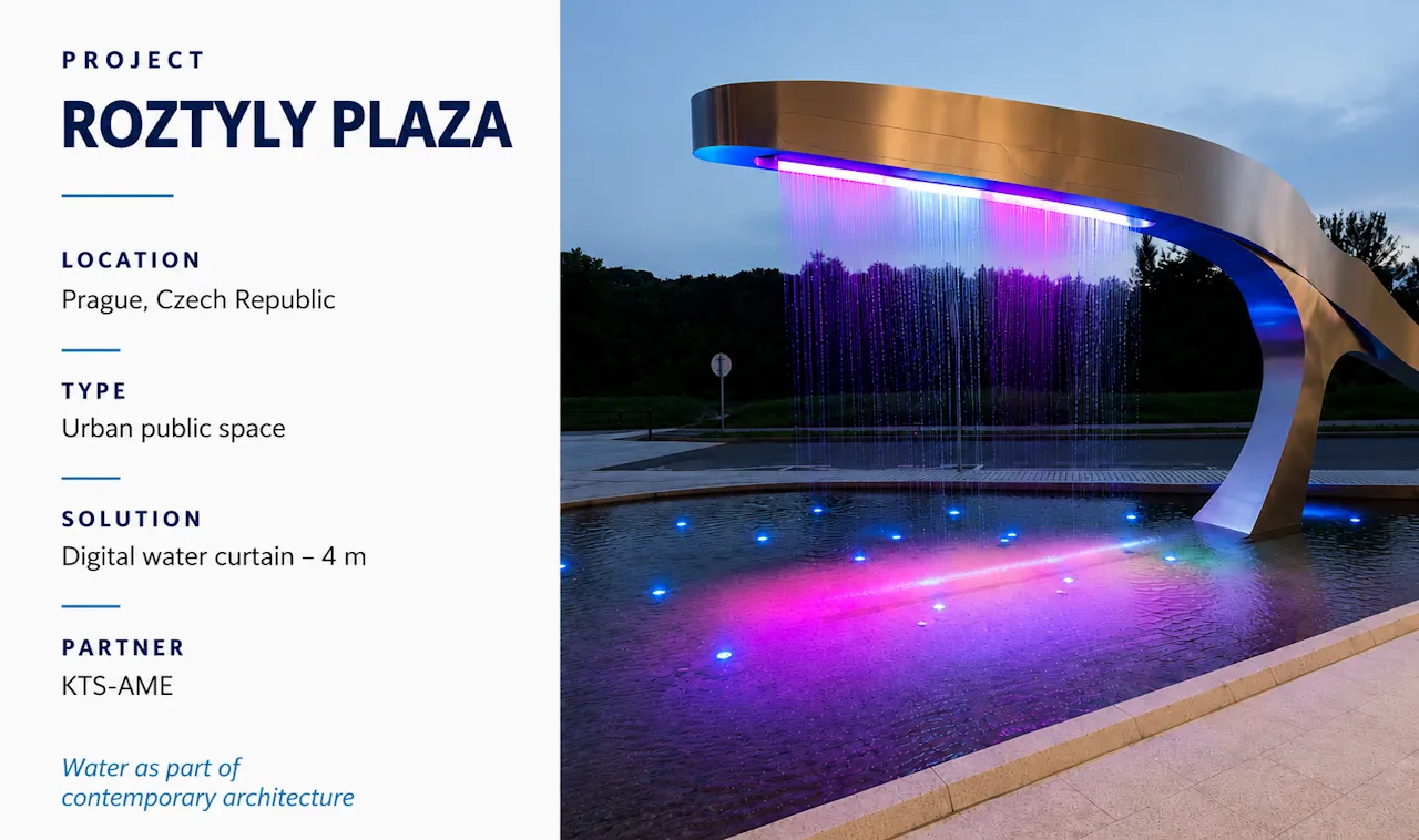Deployment of a 4-meter digital water curtain in Rotzly Plaza (Prague) as a decorative and urban element Deployment of a 4-meter digital water curtain in Rotzly Plaza (Prague) as a decorative and urban element