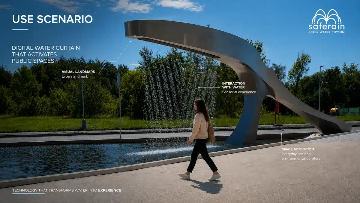 The digital water wall at Rotzly Plaza (Prague) provides interactive value to citizens. The digital water wall at Rotzly Plaza (Prague) provides interactive value to citizens.