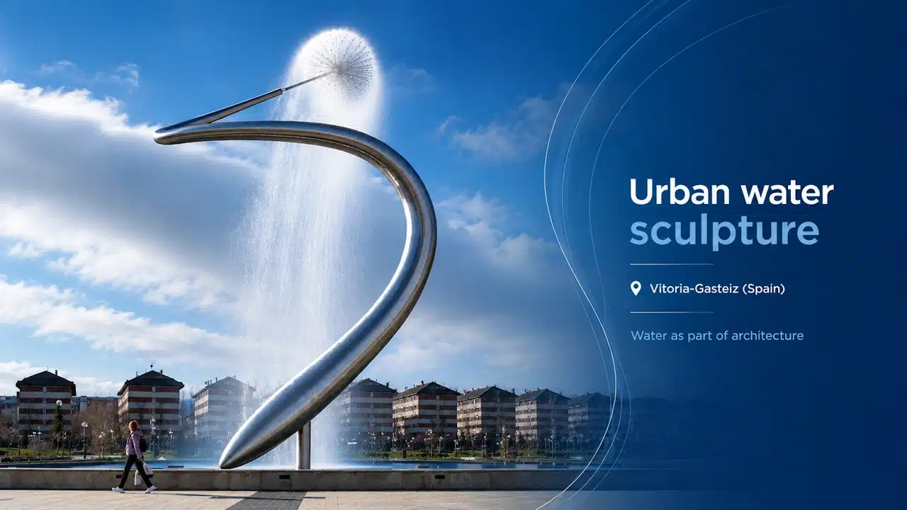 Gran escultura con esfera de agua de alto impacto visual y arquitectónico Gran esfera de agua decorativa con elevado impacto urbanístico y arquitectónico