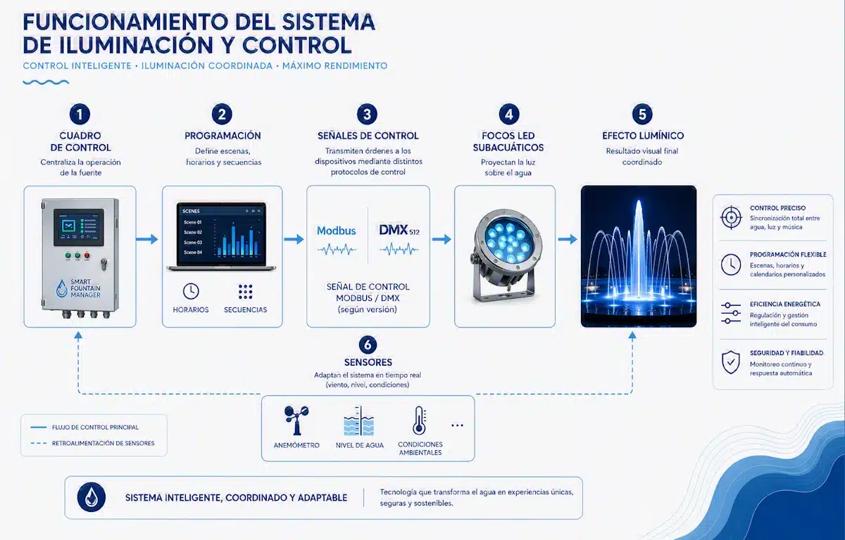 Esquema del funcionamiento del sistema de iluminación y control en una fuente ornamental Funcionamiento del sistema de iluminación y control en una fuente ornamental
