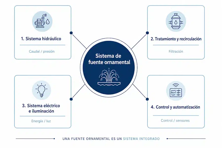Diagrama completo de los bloques que componen una fuente ornamental Diagrama de los bloques que forman una fuente ornamental completa