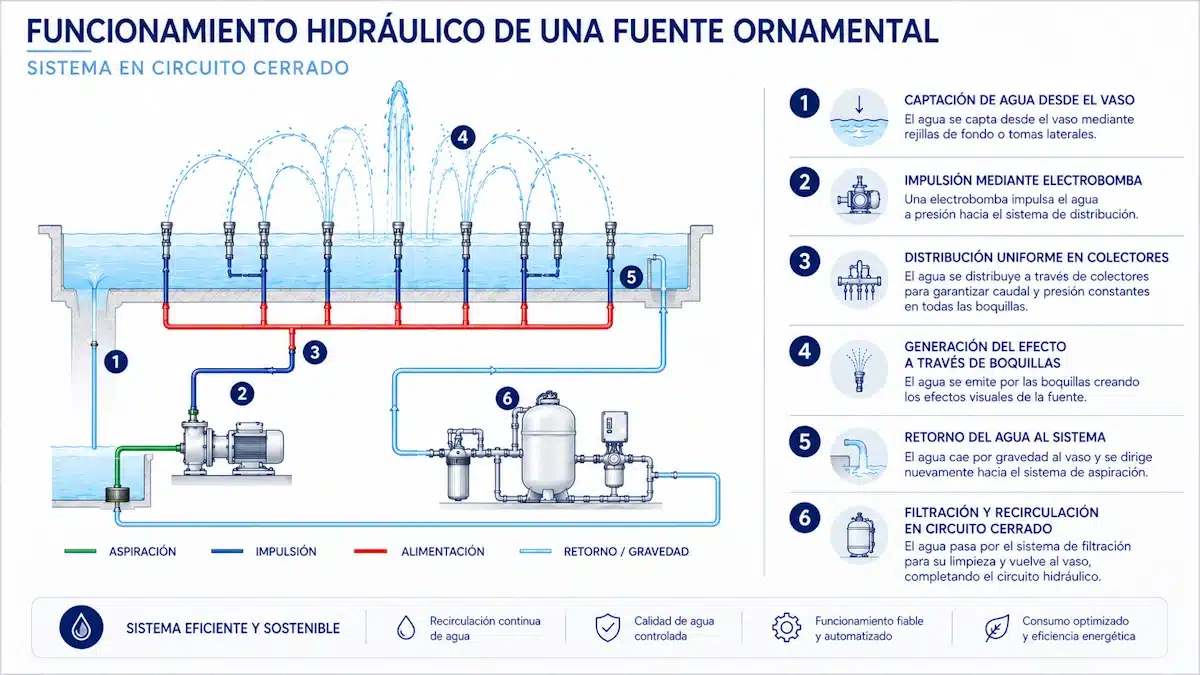 Esquema del funcionamiento hidráulico de una fuente ornamental Funcionamiento hidráulico de una fuente ornamental para un sistema eficiente y sostenible