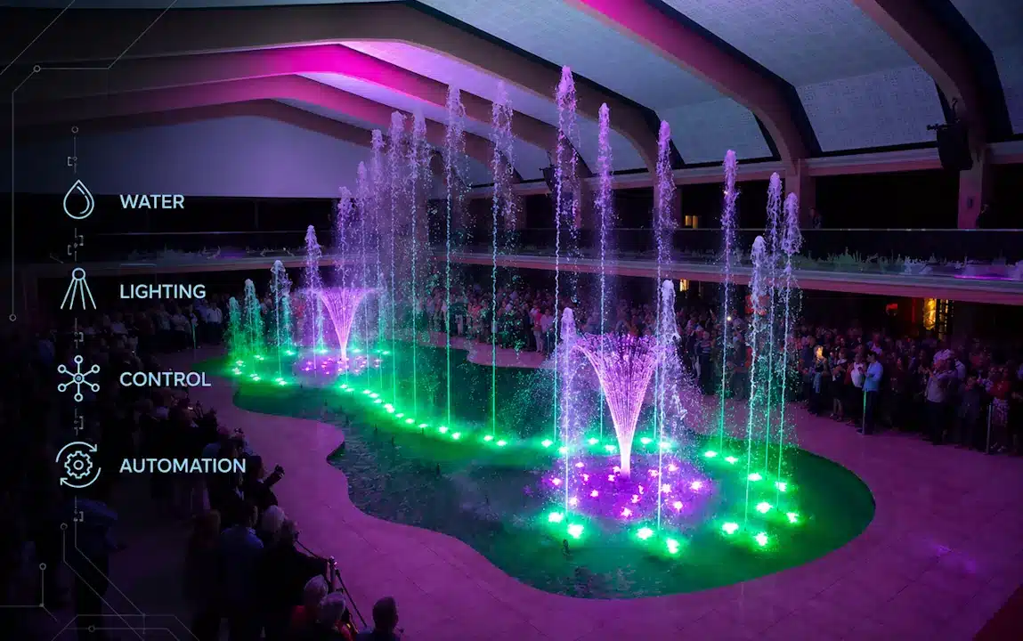 Spectaculaire fontaine dansante dans un restaurant de Majorque avec un spectacle aquatique Spectaculaire fontaine dansante dans un restaurant de Majorque avec un spectacle aquatique
