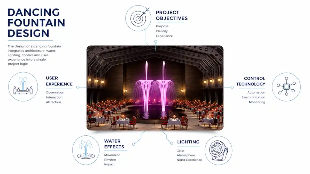 Rendu 3D d'une fontaine dansante, identifiant les points qu'un architecte doit considérer lors de l'élaboration d'un projet de ce type Rendu 3D d'une fontaine dansante, identifiant les points qu'un architecte doit considérer lors de l'élaboration d'un projet de ce type