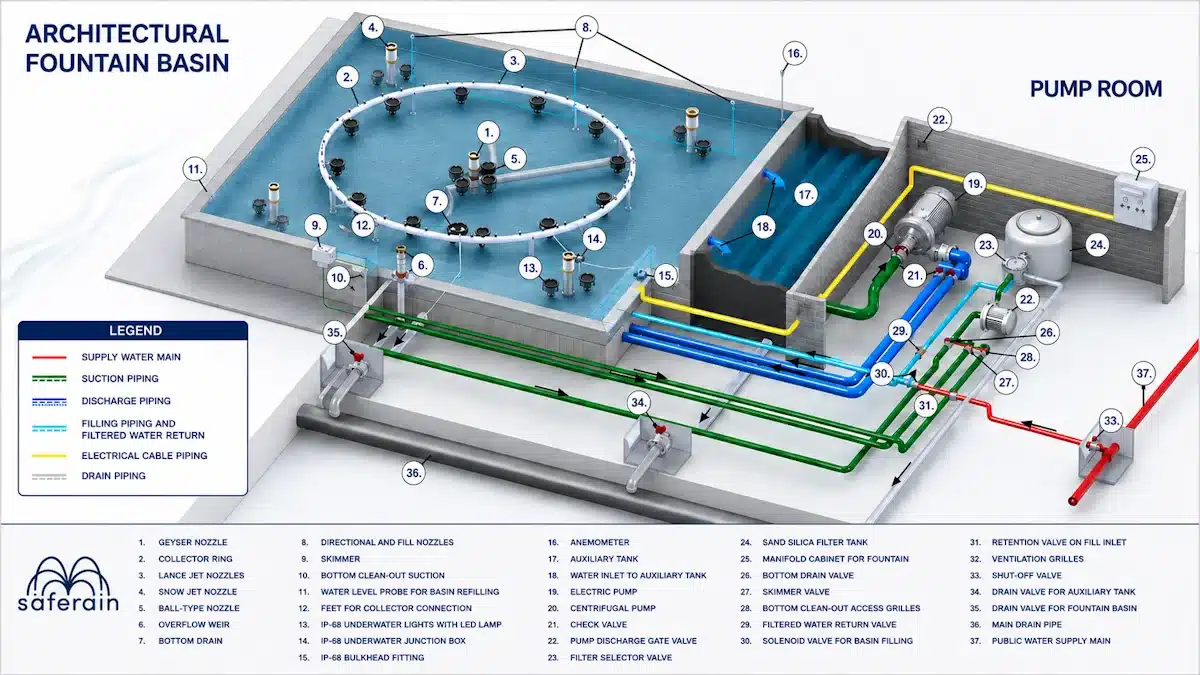 Detailed schematic outlining all essential components required for architectural fountain design