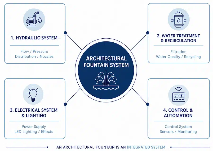 Block diagram illustrating the components of a complete architectural fountain system.