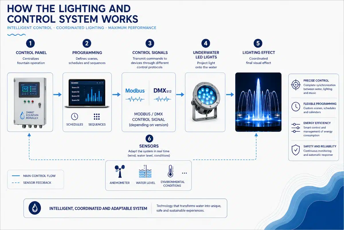 Operation of the lighting and control system in an architectural fountain.