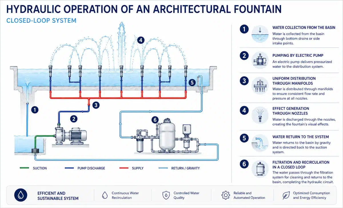 Hydraulic operation of an architectural fountain for an efficient and sustainable system.