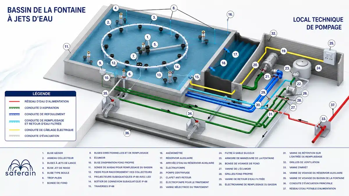 Schéma exhaustif présentant tous les composants d'une fontaine à jet d’eau Schéma détaillé avec tous les composants nécessaires pour la conception d'une fontaine à jet d’eau