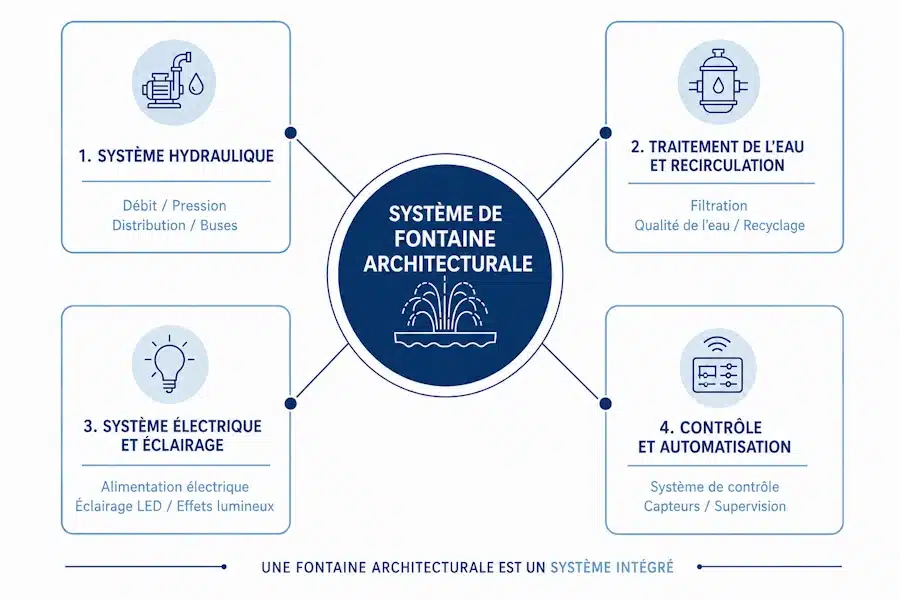 Diagramme complet des blocs qui composent une fontaine à jet d’eau Diagramme des blocs constituant une fontaine à jet d’eau complète