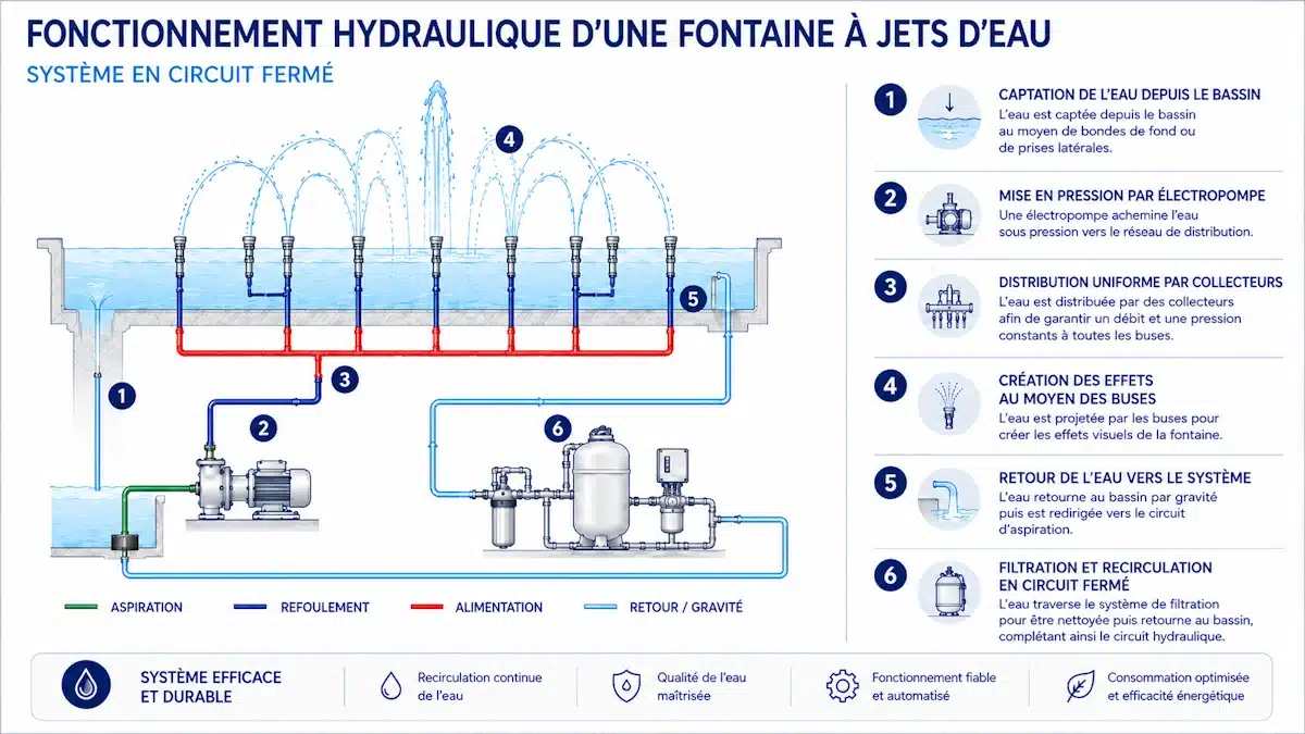 Fonctionnement hydraulique d'une fontaine à jet d’eau pour un système efficient et durable