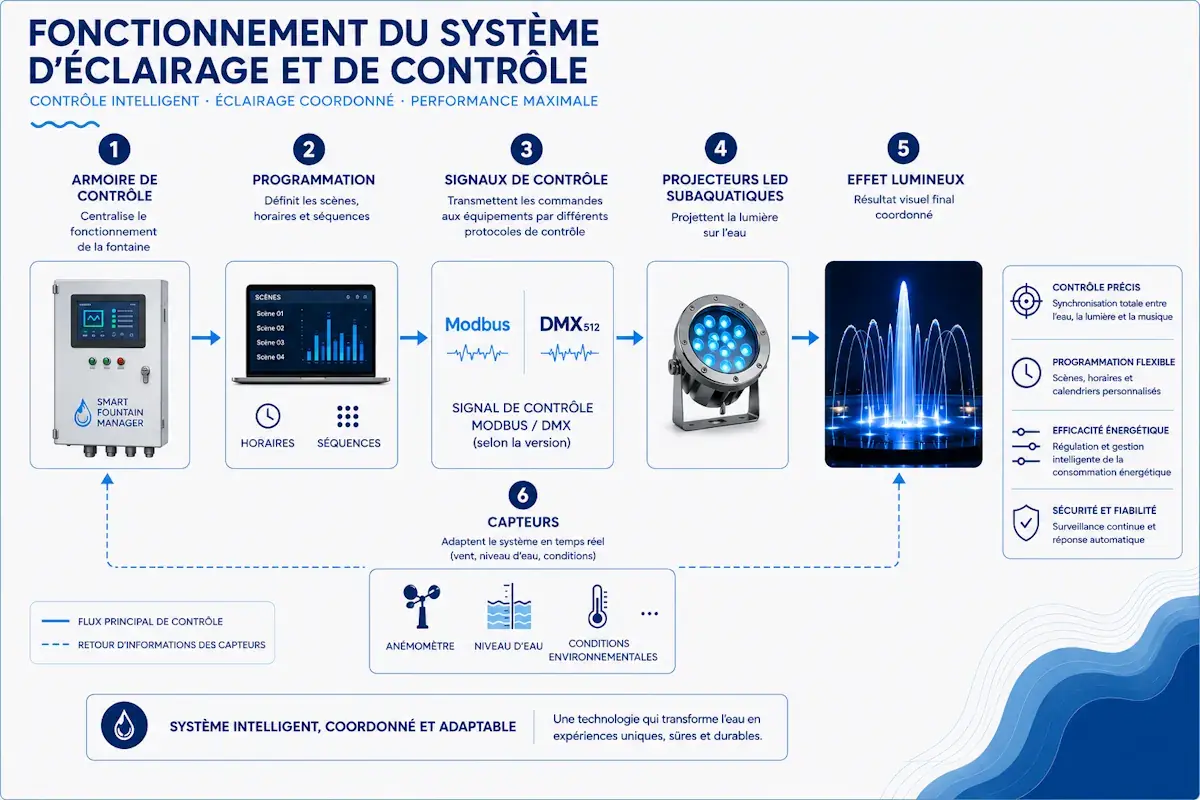 Schéma de fonctionnement du système d'éclairage et de contrôle dans une fontaine à jet d’eau Fonctionnement du système d'éclairage et de contrôle dans une fontaine à jet d’eau